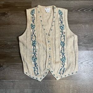 Beige Knit Vest with Blue Floral Embroidery